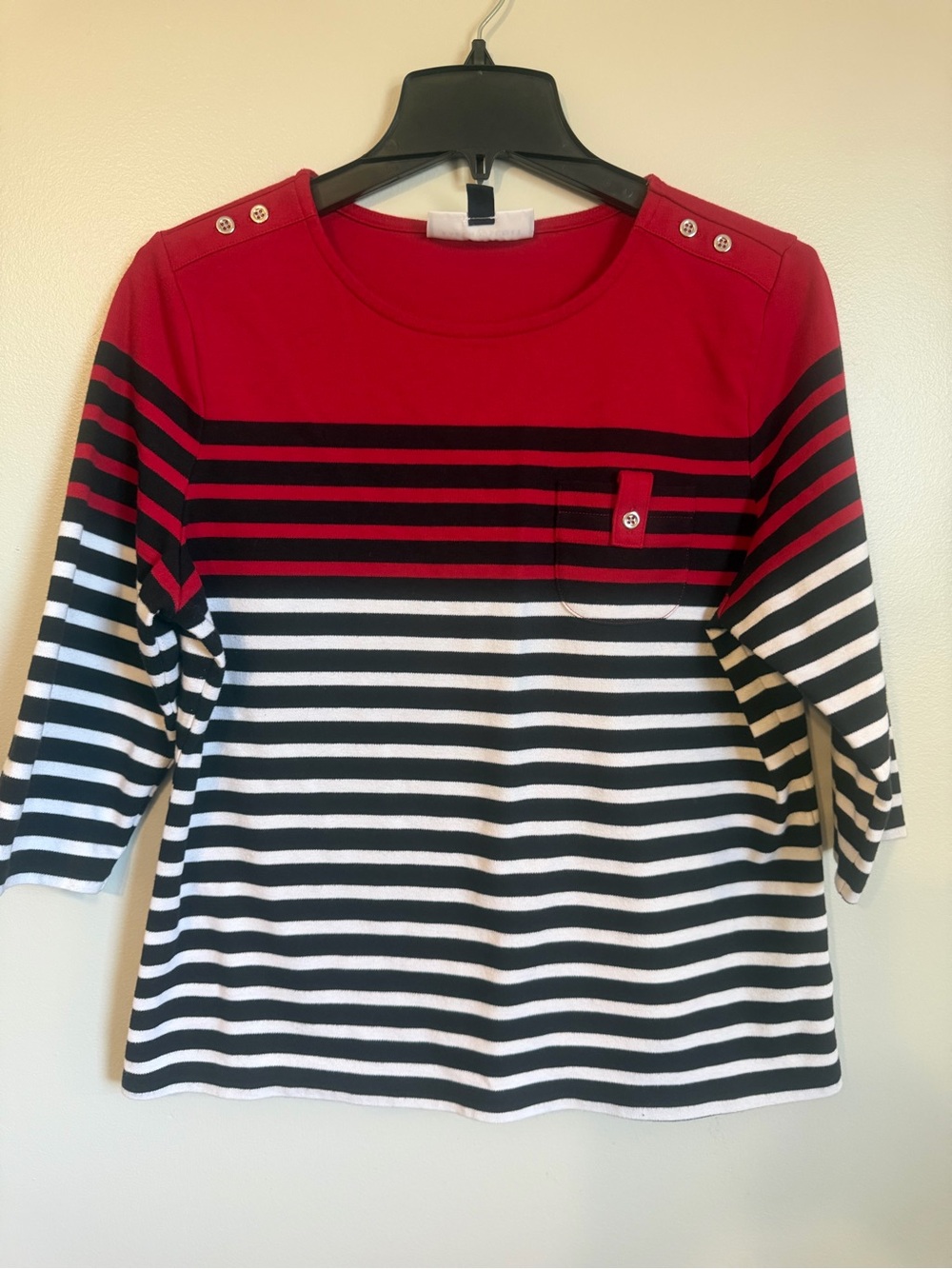 Karen Scott Red White and Black Striped 3/4 Sleeve Top size small